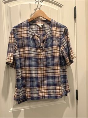 Bean Signature Plaid Short Sleeve V-Neck Top - Blue and Cream
